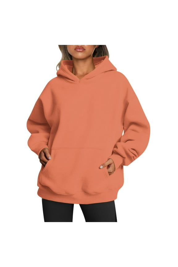 Oversized Hoodies with Pocket Women Cotton Plain Pullover Hooded Sweatshirts Sweater Long Sleeve Fleece Lined Tops (M, Orange)