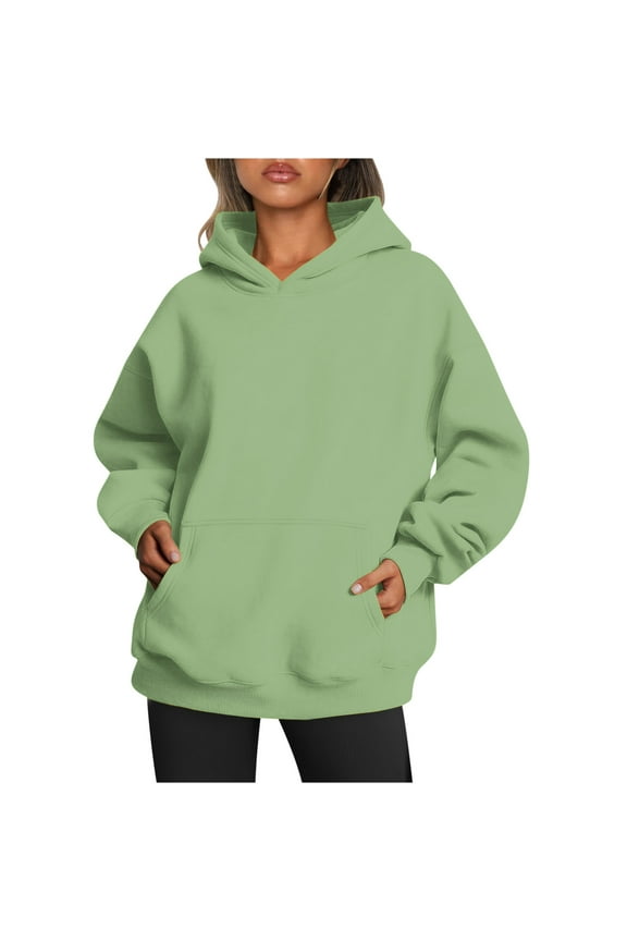 Oversized Hoodies with Pocket Women Cotton Plain Pullover Hooded Sweatshirts Sweater Long Sleeve Fleece Lined Tops (S, Green)