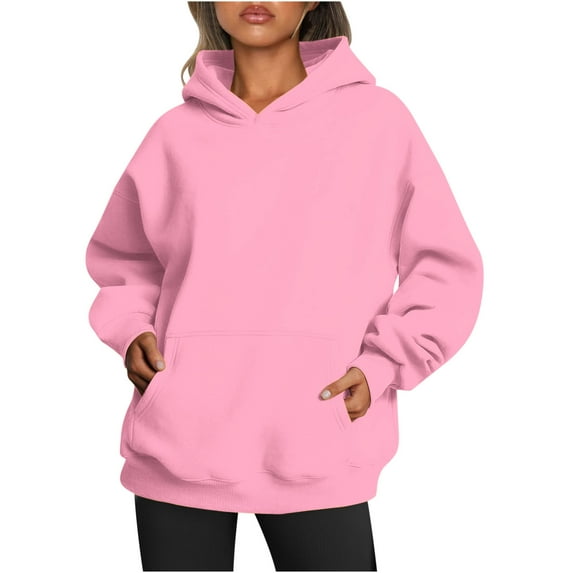 Oversized Hoodies with Pocket Women Cotton Plain Pullover Hooded Sweatshirts Sweater Long Sleeve Fleece Lined Tops (S, Pink 01)