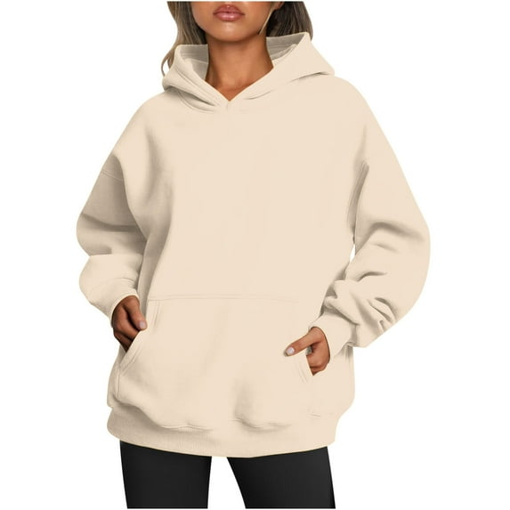 Oversized Hoodies with Pocket Women Cotton Plain Pullover Hooded Sweatshirts Sweater Long Sleeve Fleece Lined Tops (XL, Beige 01)