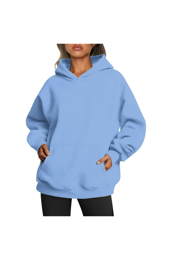 Oversized Hoodies with Pocket Women Cotton Plain Pullover Hooded Sweatshirts Sweater Long Sleeve Fleece Lined Tops (XL, Sky Blue 01)