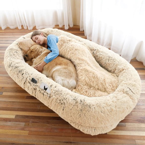 Oversized Human Size Dog Bed 71×45×12 Inch, Large Plush Snuggle Bed with Pillow & Blanket, Non-Slip Base, Removable Washable Cover for Adults Kids & Large Pets
