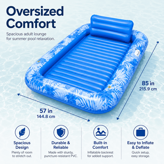 Oversized Inflatable Pool Float Lounge for Adults, 85 x 57 Inch Blue Pool Lounger with Built-in Backrest, Ribbed Air Cushion Base, Durable PVC Floating Bed for Pool, Patio, Backyard and Summer Fun