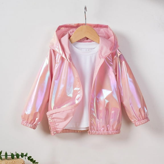 Oversized Jacket for Kids New Toddler Girls Reflective Jacket Zip up Shiny Hooded Windbreaker Lightweight Cycling Running Coat Style B-2 Pinky 7 Years