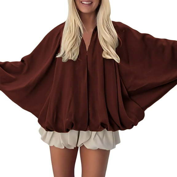 Oversized Jacket, Yigetop Women's Puffed Jacket Oversized Streetwear Casual Batwing Sleeve Lapel Collar Zip Front Pleated Shirts Balloon Sleeve Jacket for Women Wine M