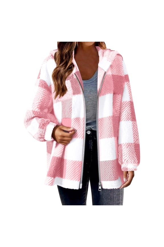 Oversized Jackets for Women Fleece Zip up Cardigan Fall Winter Long Sleeve Hooded Warm Plaid Coats New Womens Jackets Lightweight Pinky S