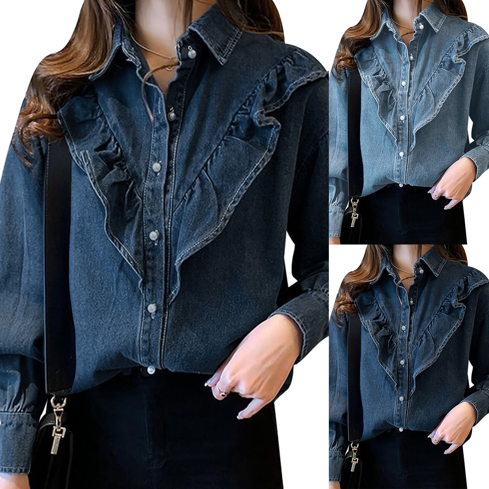 Oversized Jean Jacket Womens Ruffled Denim Shirt Double Pocket Long ...