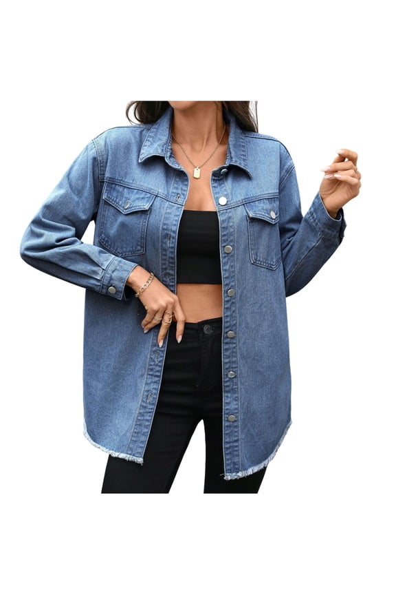 Oversized Jean Jacket for Women Button Down Distressed Frayed Hem Loose Denim Shacket with Pockets Blue L(L)