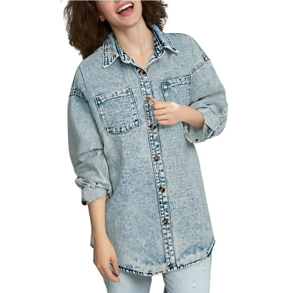 Oversized Jean Shirts for Women Button Down Outerwear Lapel Collar Loose Long Sleeve Streetwear Tunic Shirt