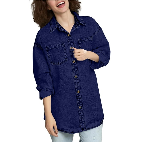 Oversized Jean Shirts for Women Button Down Outerwear Lapel Collar Loose Long Sleeve Streetwear Tunic Shirt
