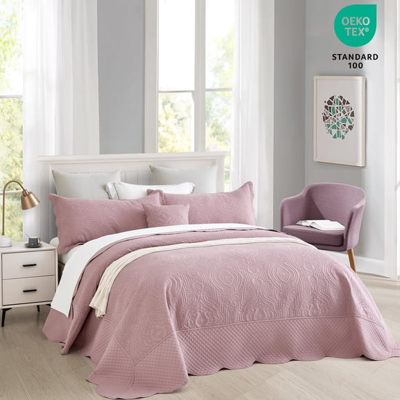 Oversized King Bedspread 128x120 Extra Wide Embossed Damask Quilt Set King/cal Lightweight Reversible Coverlet Scalloped Edge - Soft Romantic Look 5 Piece Mauve Shadows