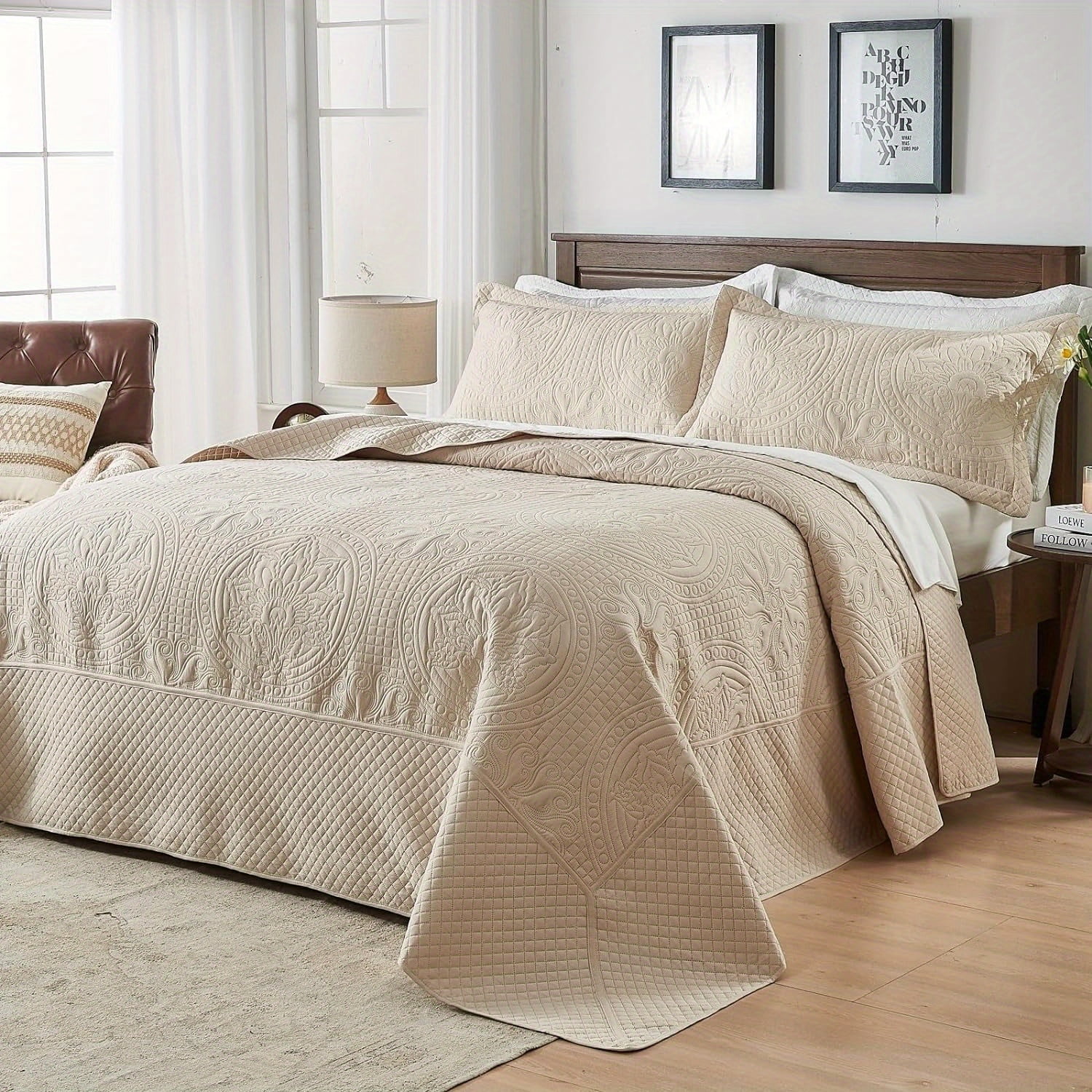 Oversized King Bedspreads 128"x120" Beige California King Quilt Sets