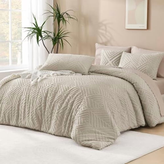 Oversized King Comforter 128''x120'', 3 Pieces Oatmeal Boho Bedding Set & Collections, All Season Soft Farmhouse Tufted Fluffy Bed Set (1 Comforter, 2 Pillowcases)