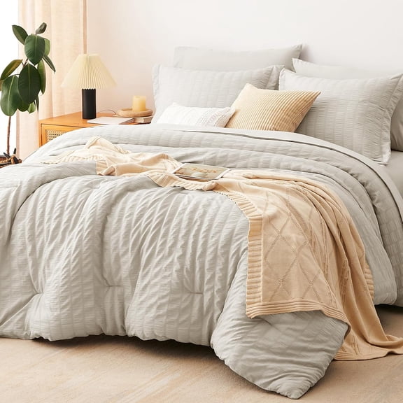 Oversized King Comforter Set 7 Pieces 120 x 98 Beige Seersucker Bed in a Bag with Down Alternative Comforter Sheets Pillowcases and Shams