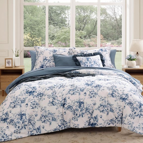 Oversized King Comforter Set -7 Pieces Floral Rain Washed Bedding Set for All Seasons, Bed in a Bag with Botanical Flowers Comforter, Sheets, Pillowcases & Shams