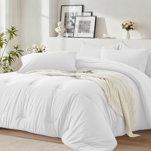 Oversized King Comforter Set 7 Pieces - Ultra-Soft Bed in a Bag, Cozy Luxury All Season Bedding Sets with Comforter, Flat Sheet, Fitted Sheet, 2 Pillow Shams & 2 Pillowcases, White