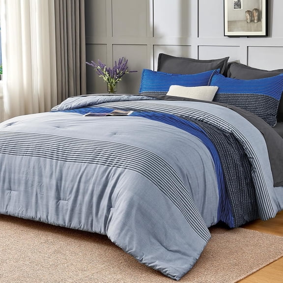 Oversized King Comforter Set Blue Grey, 7-Piece Striped Lightweight Reversible Bed in a Bag