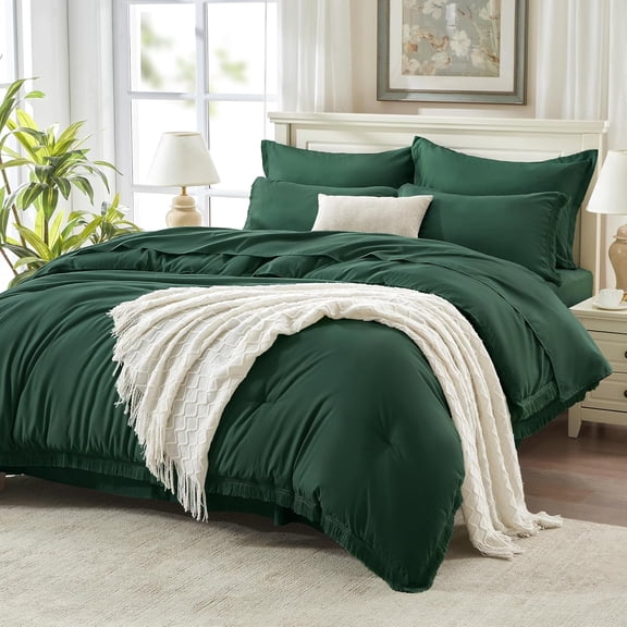 Oversized King Comforter Set, Dark Emerald Green 7-Piece Boho Tassel Bed in a Bag, Soft Lightweight Bedding with Sheets