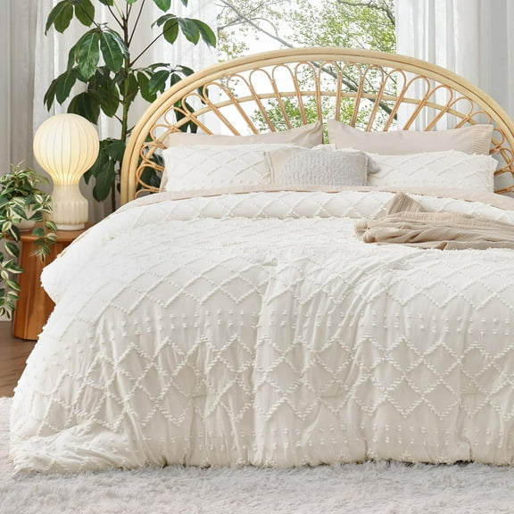 Oversized King Comforter Set - Ivory Comforter, Boho Tufted Shabby Chic Bedding, 3 Pieces Vintage Farmhouse Bed Set for All Seasons, Fluffy Soft Bedding with 2 Pillow Shams