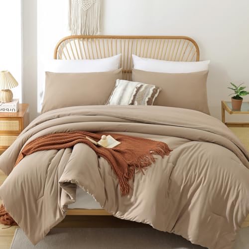 Oversized King Comforter Taupe Brown, 3pcs(1 Boho Tan Comforter & 2 Pillowcases), Lightweight Oversized King Size Comforter Sets Soft Bedding