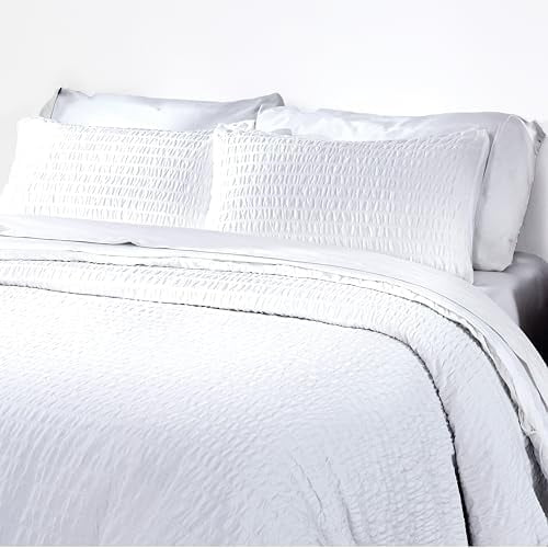 Oversized King Duvet Cover Set, 100% Cotton 3 Pc Cover & Sham Set, Soft Textured White Duvet Cover 120" x 98" to Fit Oversized King Size Duvet (Seersucker)