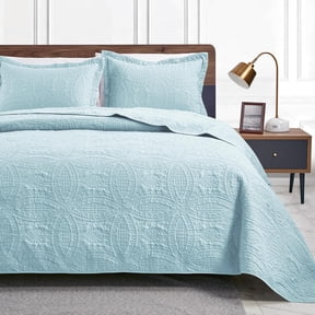 Oversized King Quilt Bedding Set with Coin Pattern Spa-Blue Coverlet 3 Pieces