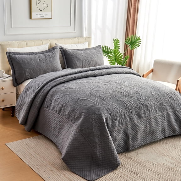 Oversized King Quilts 132x120, California King Bedspreads with 2 Pillow Shams, Ultrasonic Quilting Floral Pattern Soft Microfiber Lightweight Extra Large King Bedspread, Dark Grey