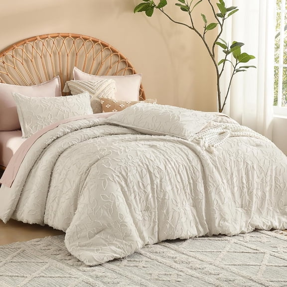 Oversized King Size Comforter Set Beige, 3 Piece  Tufted Bedding, Fluffy Farmhouse Bed Set for All Season with 2 Leaf Pattern Pillowcases（120x98In）
