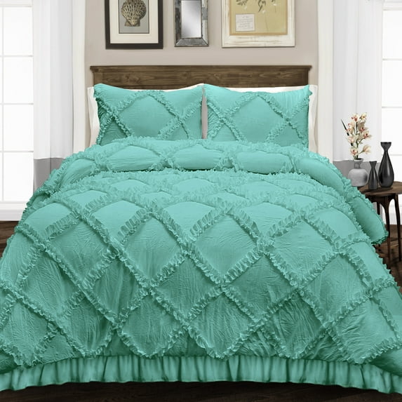Oversized King Size Egyptian Cotton 1000 Thread Count Duvet Cover Diamond Ruffle Ultra Soft & Breathable 3 Piece Luxury Wrinkle Free Cooling Sheet (1 Duvet Cover with 2 Pillowcases, Aqua Green)