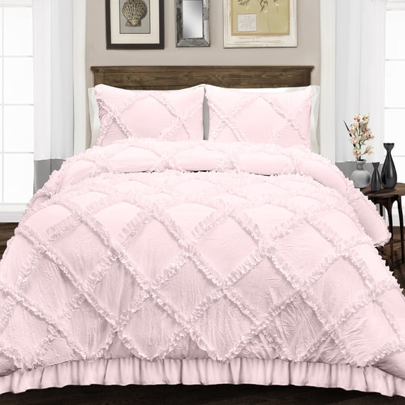 Oversized King Size Microfiber Duvet Cover Diamond Ruffle Ultra Soft & Breathable 3 Piece Luxury Soft Wrinkle Free Cooling Sheet (1 Duvet Cover with 2 Pillowcases, Pink)