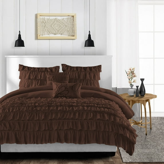 Oversized King Size Microfiber Duvet Cover Multi Ruffle Ultra Soft & Breathable 3 Piece Luxury Soft Wrinkle Free Cooling Sheet (1 Duvet Cover with 2 Pillowcases, Chocolate)