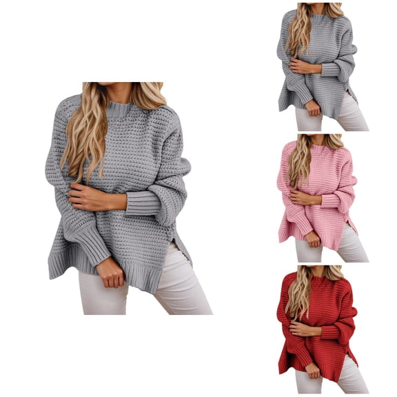 Oversized Knit Sweater Long Sleeve Half Turtleneck Pullover Side Slit Casual Warm Soft Loose Top