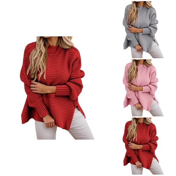 Oversized Knit Sweater Long Sleeve Half Turtleneck Pullover Side Slit Casual Warm Soft Loose Top