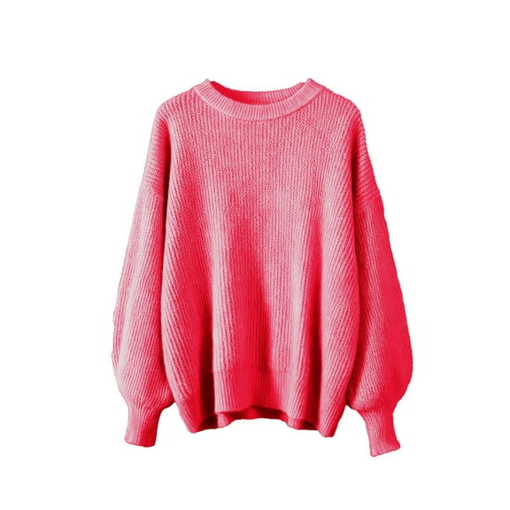 Oversized Knit Sweaters for Women Casual Soft Pullover Crewneck Knitwear Sweatshirt Drop Shoulder Long Sleeve Tops (Free Size, Hot Pink)