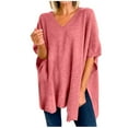 thumbnail image 1 of Oversized Knitted Tops for Women Batwing Short Sleeve V Neck Loose Fit Solid Pullover Shirts Trendy Jumper Pink,XL, 1 of 6