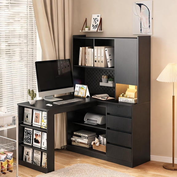 Oversized L-Shaped Computer Desk with Built-In Charger, Drawers, Bookshelf, and LED Light  Deep Black MDF, 46x51x62 Inches