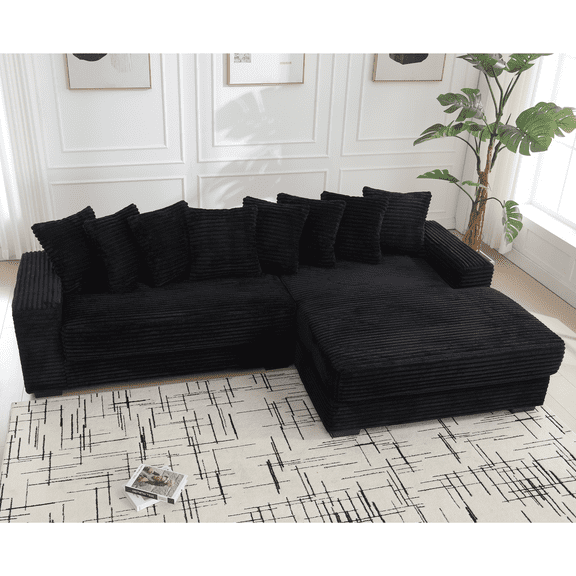 Oversized L-Shaped Corduroy Sectional Sofa with Right Chaise - 2-Piece Modular Corner Couch with 8 Throw Pillows & Armrests, Easy Assembly Daybed Sofa for Living Room, Black