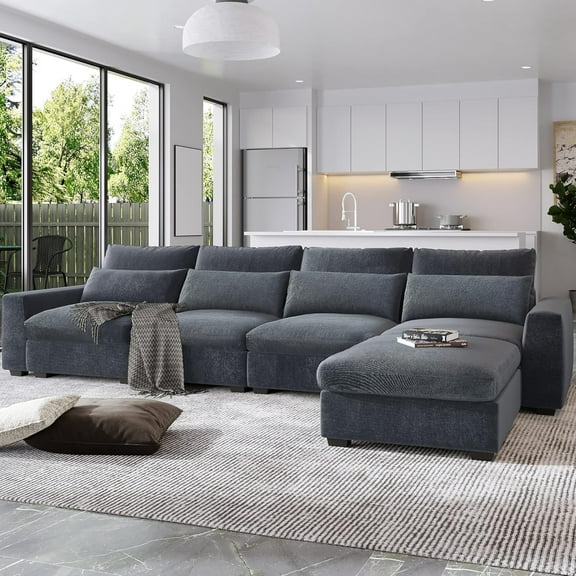 Oversized L-Shaped Sectional Sofa Modular Deep Seat Reversible Couch,L Shaped Down Feather Upholstered Corner Sofa Couch W/4 Waist Pillows and Movable Ottoman for Living Room Furniture Sets