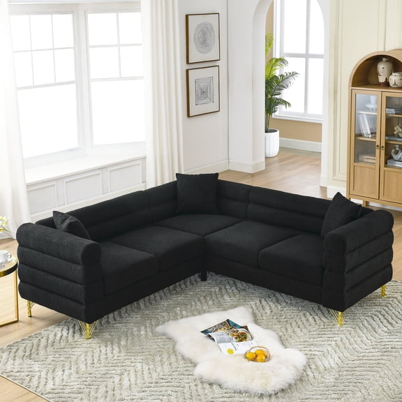 Oversized L-shaped , 81.5-inch 5 For Different Spaces. Streamline Modern Silhouette With Soft Curves. Solid Wood & Metal Combination. Upholstery, Foam Padding. Includes 3 Pillows. 250 Lbs Seat