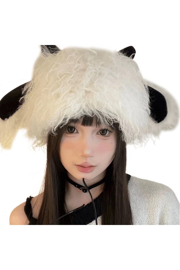 Oversized Lamb Hat with Ear and Horn Skiing Hat Furry Hooded Cartoon Photo Props Outdoor Head Wrap Hat for Halloween