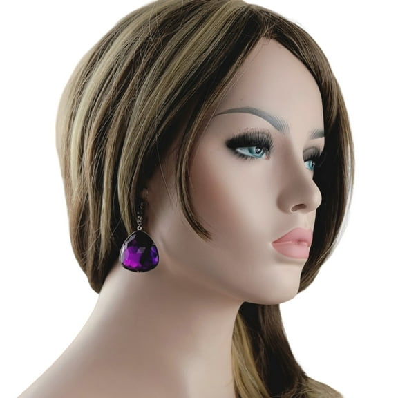 Oversized Large Jewel Earrings 2 1/4" Faux Crystal Silver Tone Adult Womens Ladies - Purple