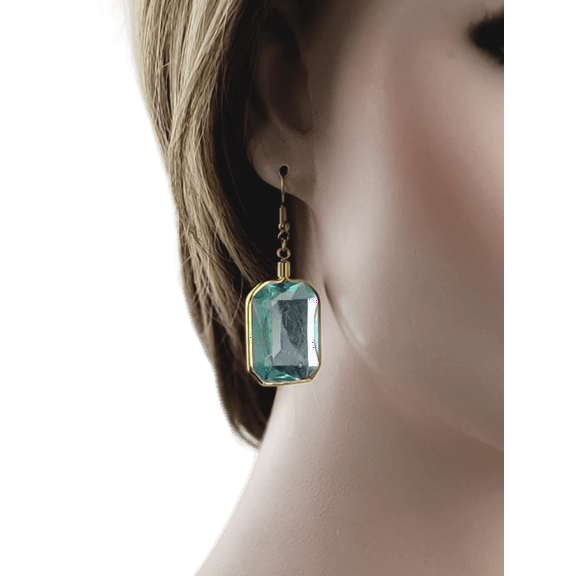 Oversized Large Jewel Earrings 2 1/4" Faux Set in Gold Tone Adult Womens Ladies - Aqua