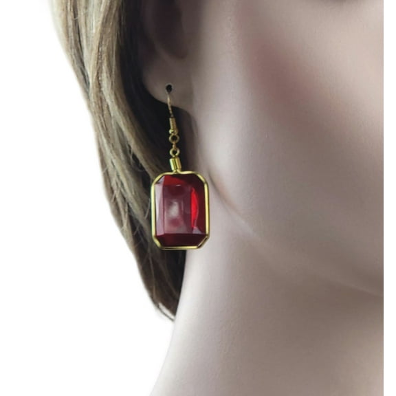 Oversized Large Jewel Earrings 2 1/4" Faux Set in Gold Tone Adult Womens Ladies - Red