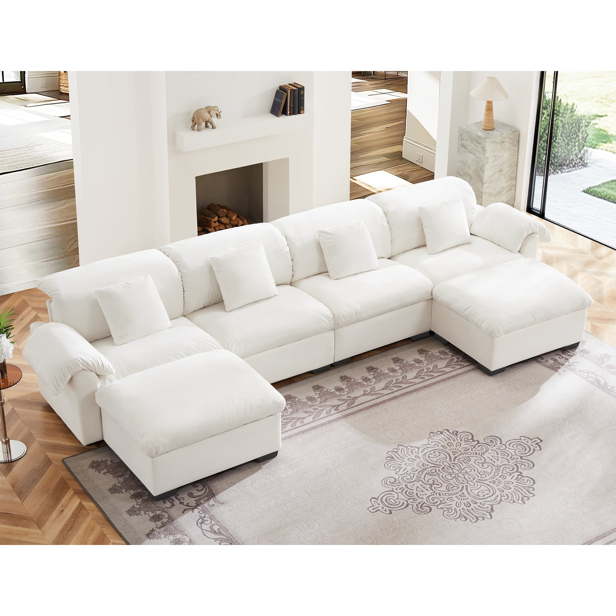 White Velvet U-Shaped Sectional Sofa with Storage and Ottoman