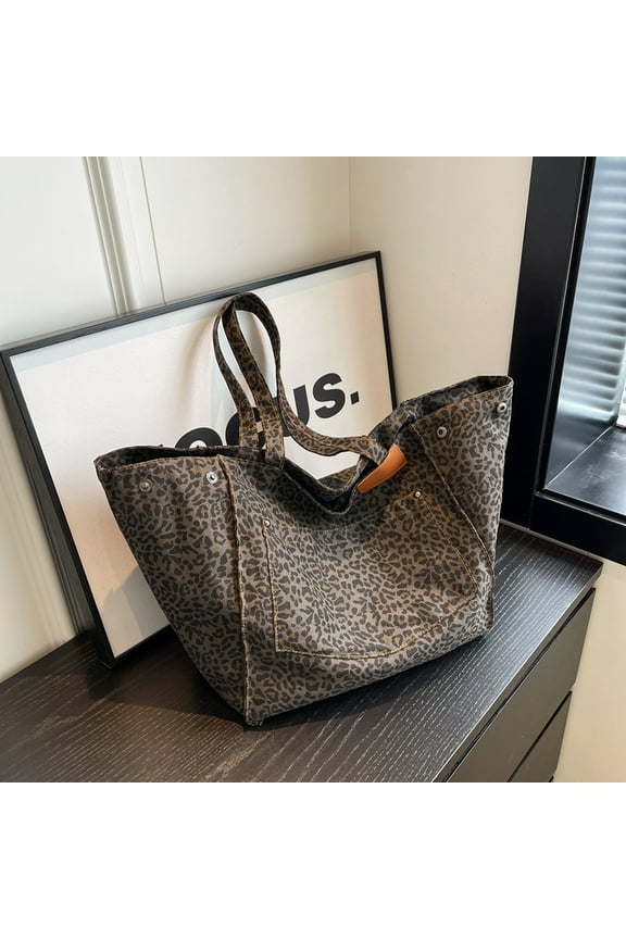 Oversized Leopard Prints Shoulder Bags For Women Deformable Canvas Large Capacity Shopping Totes 2023 Winter New Luxury Handbags black 60x33x34x19cm