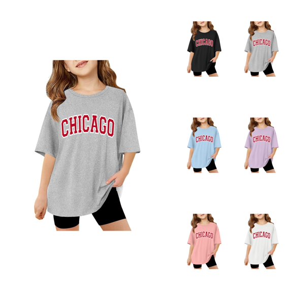 Oversized Letter-Printed Short Sleeve T-Shirt for Girls – Casual Crewneck Basic Tee, Comfortable Vacation Top