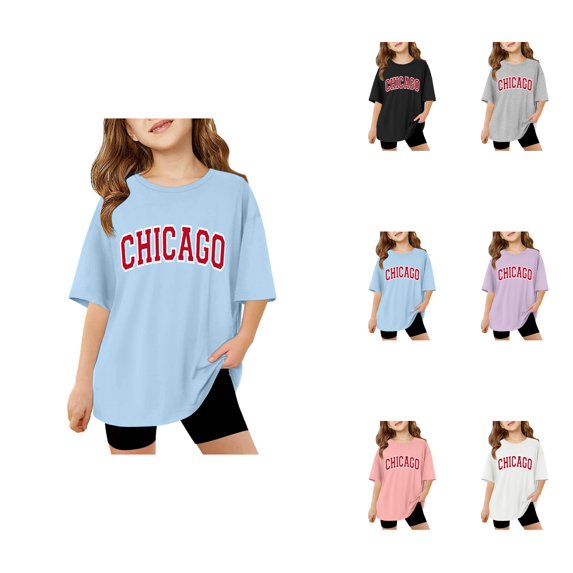 Oversized Letter-Printed Short Sleeve T-Shirt for Girls – Casual Crewneck Basic Tee, Comfortable Vacation Top