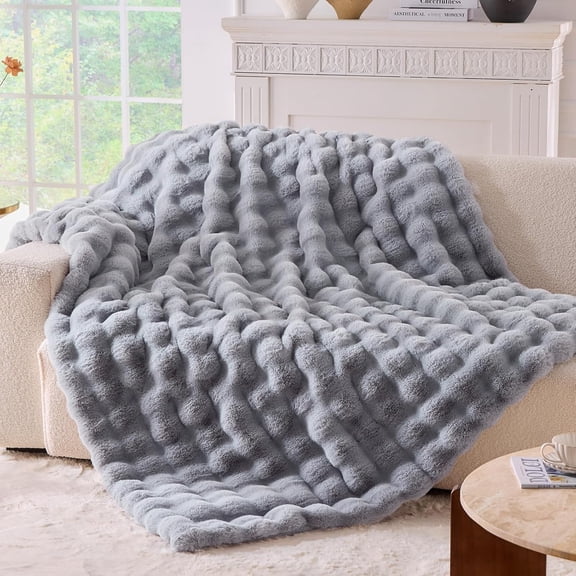 Oversized Light Grey Bubble Faux Fur Throw Blanket, Plush Soft Cozy Fluffy Blanket for Couch & Bed, 63x80 Inches
