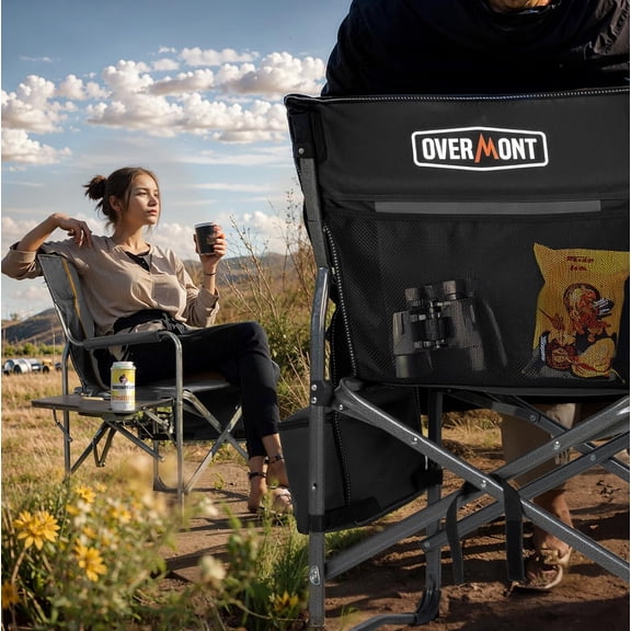 Oversized Lightweight Camping Chair - Comfortable Heavy Duty Foldable Directors Chairs with Side Table & Cooler Bag for Outside Camp Beach Picnic Lawn and Fishing Supports 400lbs