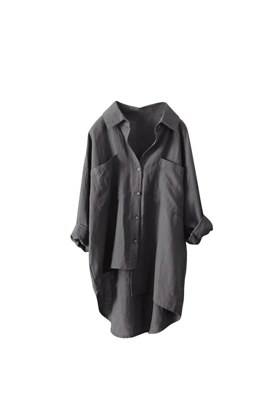 Oversized Linen Button Down Shirt Women Fall Long Sleeve Lapel Collar Gauze High Low Tops Dressy Casual Work Blouses